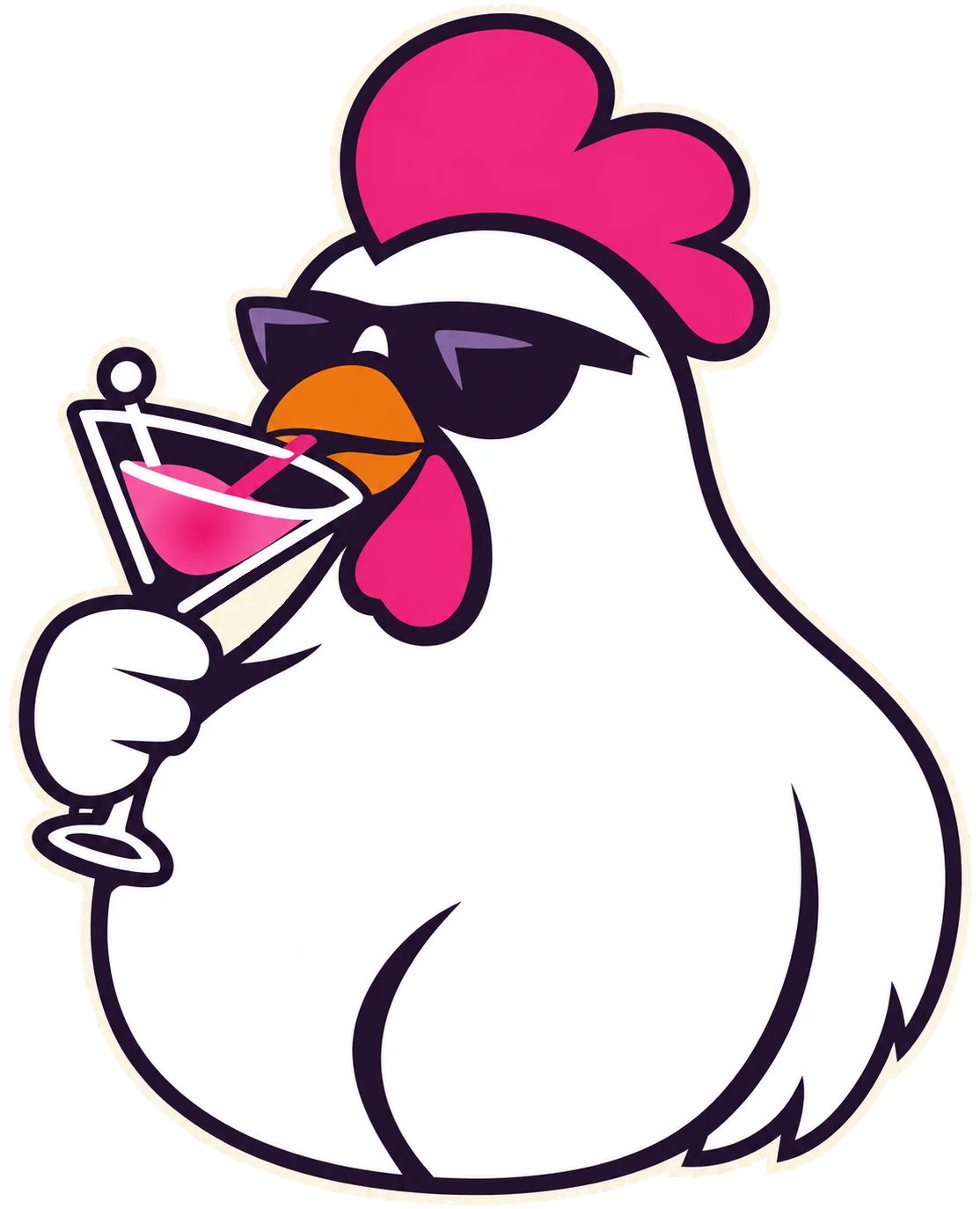 WhazUp Hahn-Maskottchen mit pinkem Cocktail