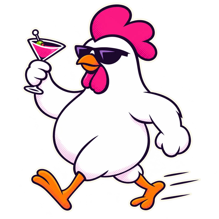 Der WhazUp Hahn zieht los, Cocktail in der Hand